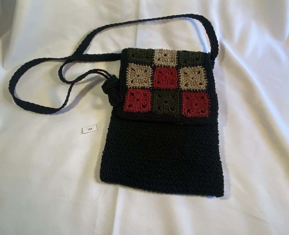 Vintage Chateau Black Granny Square Knit Crossbody Bag Small Purse